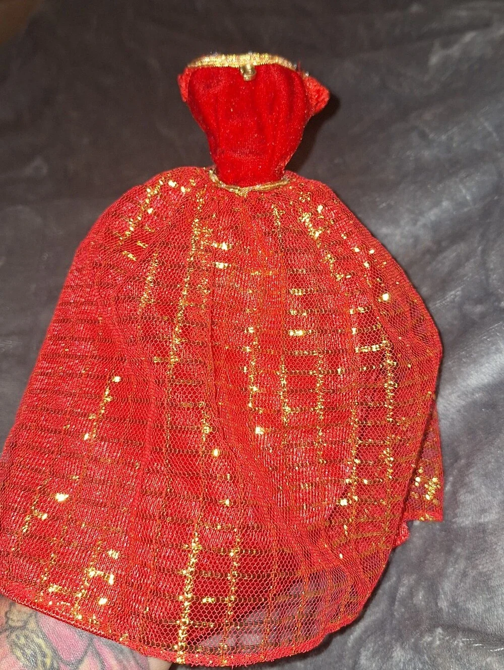 Vintage Barbie Dress~Ball Gown~Red & Gold~Metallic Mesh~Mattel~80s/90's